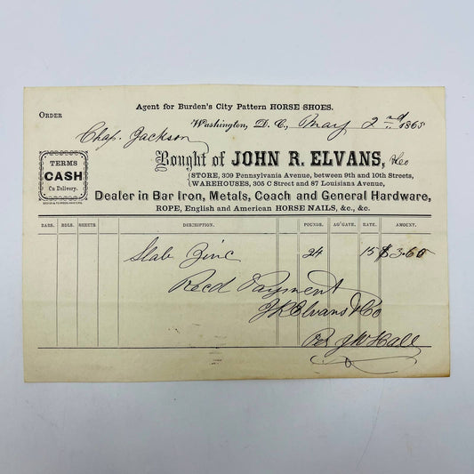 1865 John R. Elvans 309 Pennsylvania Ave Washington D.C. Letterhead Billhead AA5