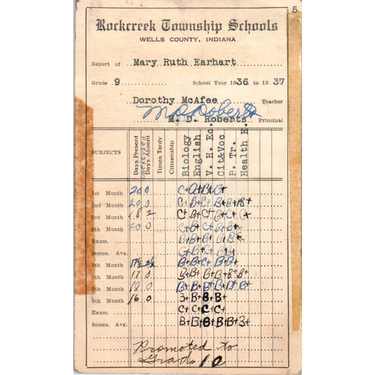 1936 Rockcreek Township Schools Wells County Report Card Mary Ruth Earhart SF2