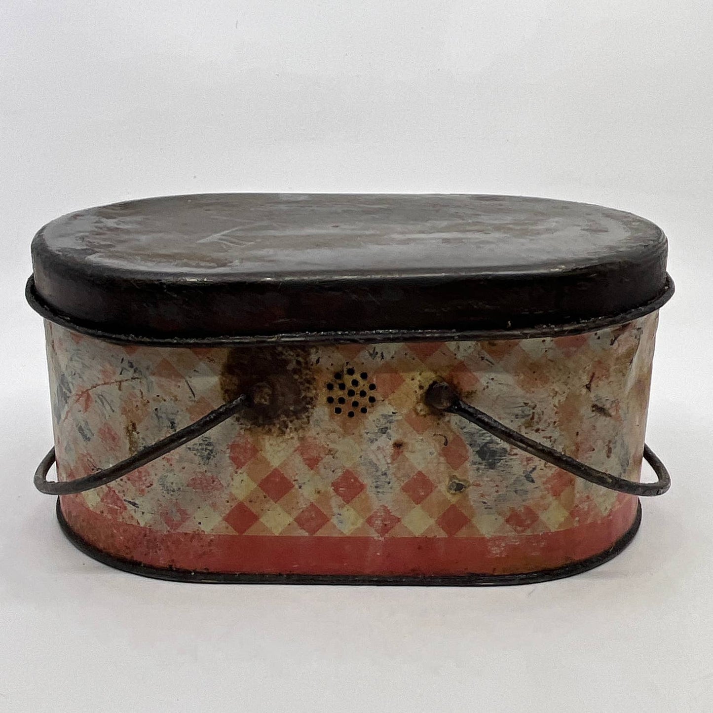 Antique PLAID Red & White Tin Oval Lunch Box Great Patina 8x5 TH5