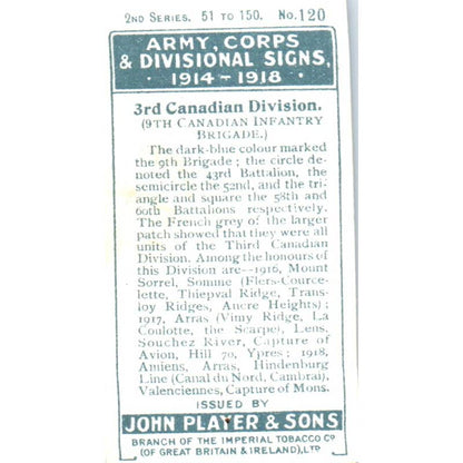 1920 Player's Cigarette Card Army Corps #120 3rd Canadian Division SE5