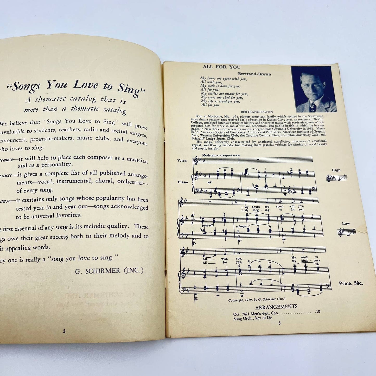 1919 Songs You Love to Sing Sheet Music Catalog G. Schirmer TE9