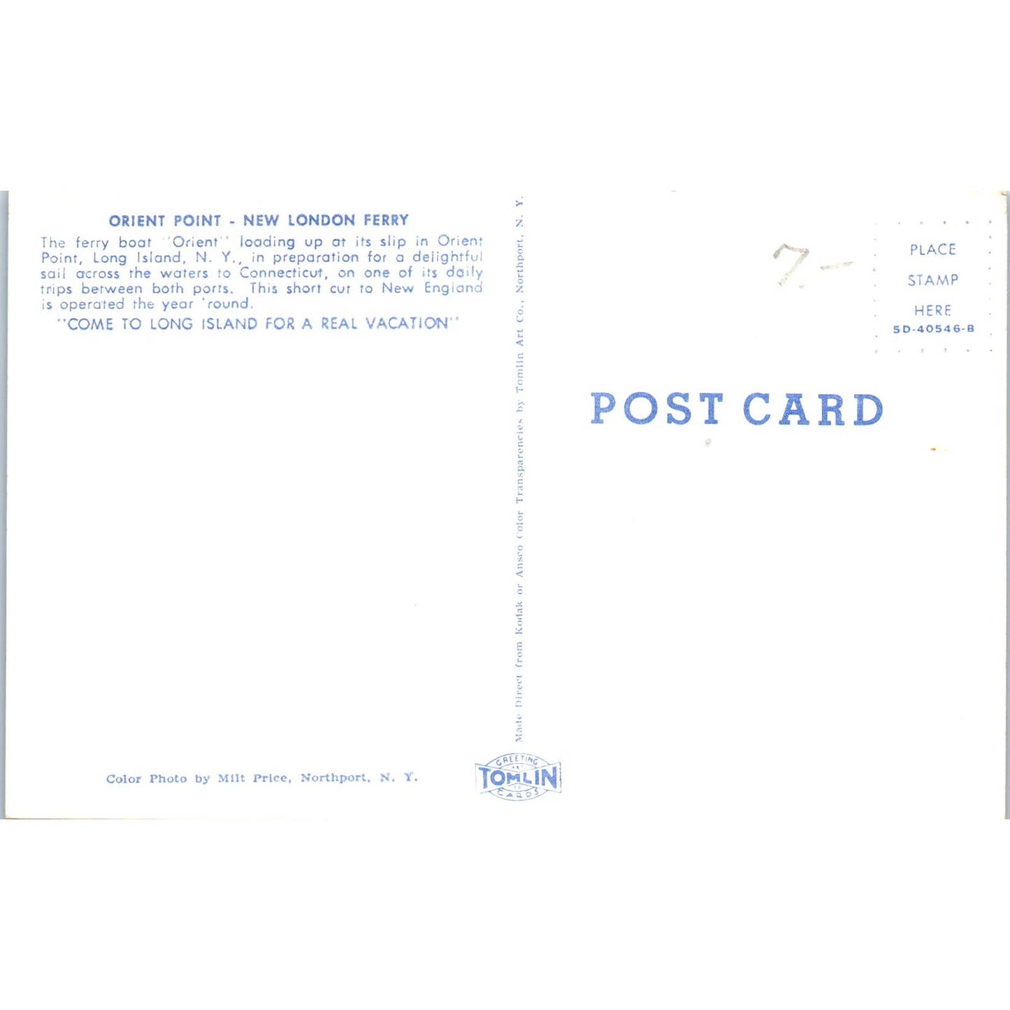 Orient Point New London Ferry Original Postcard TK1-22