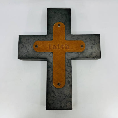 FAITH WALL CROSS GENUINE LEATHER & GALVANIZED METAL 12 x 10” TD4