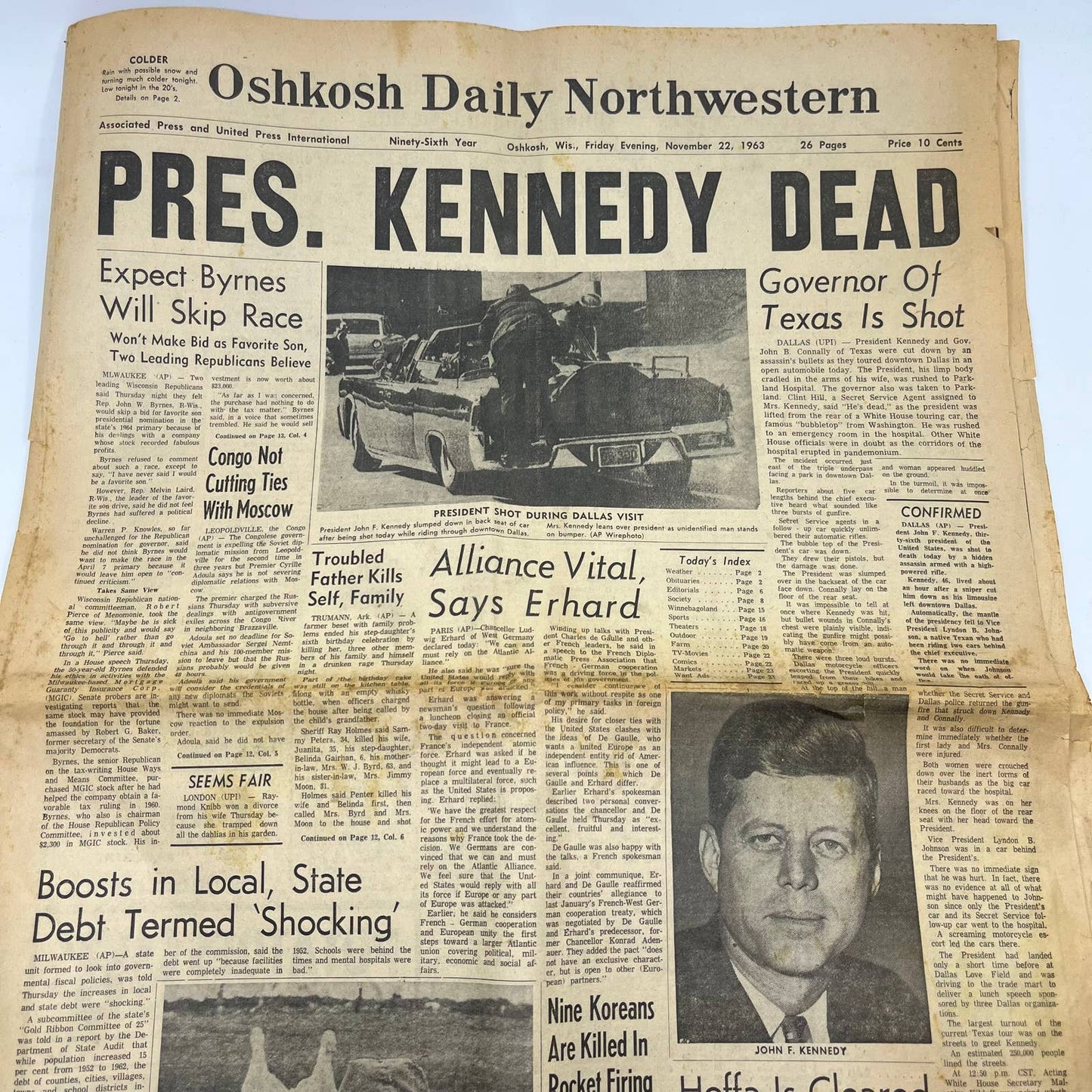1963 Nov 22 OSHKOSH DAILY NORTHWESTERN Newspaper Pres. Kennedy Dead TI6-7