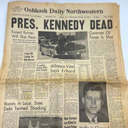 1963 Nov 22 OSHKOSH DAILY NORTHWESTERN Newspaper Pres. Kennedy Dead TI6-7