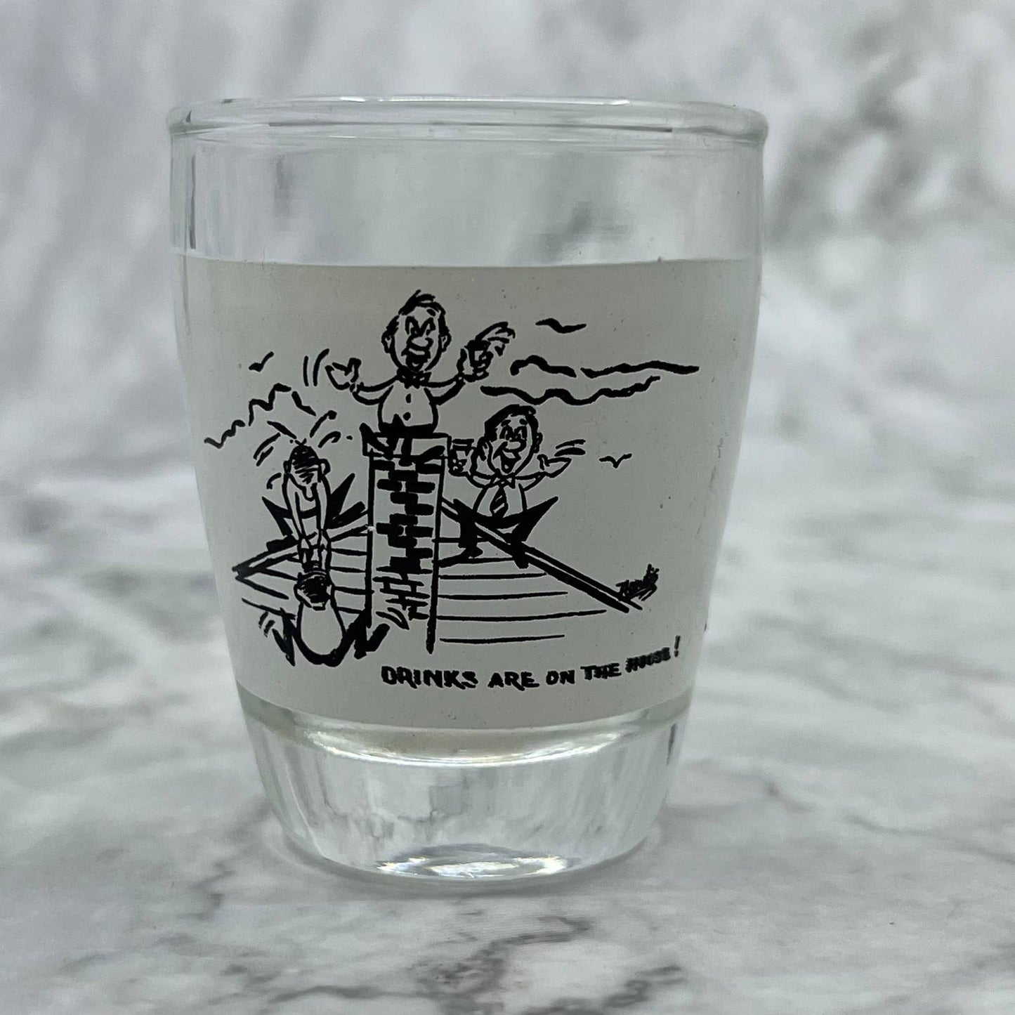 Vintage MCM Shot Glass Humor DRINKS ARE ON THE HOUSE Comic Shooter TI9