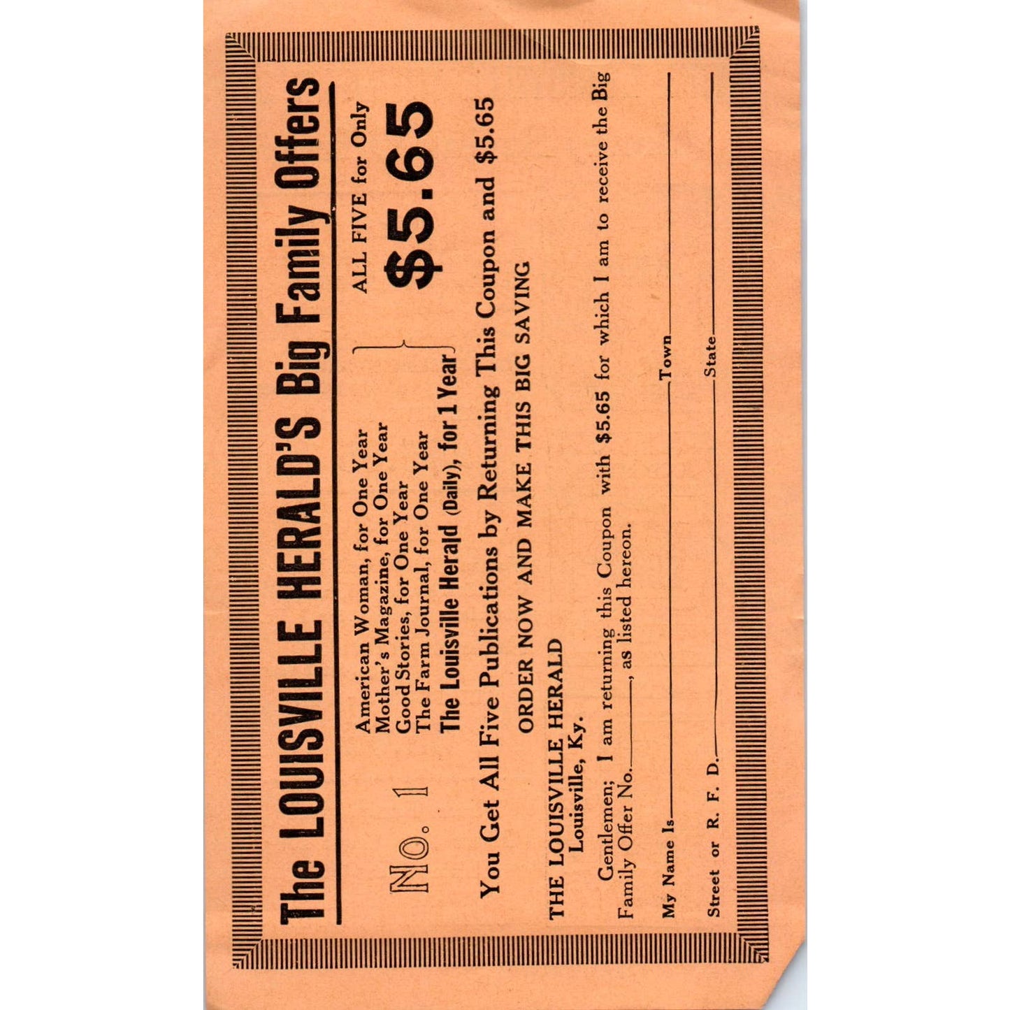 1922 Louisville Herald Big Family Offers Magazine Subscription Order Form SE5