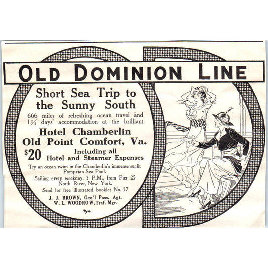 c1920 Harper's Magazine Ad - Old Dominion Line Steamer Sea Trip J.J. Brown EA3