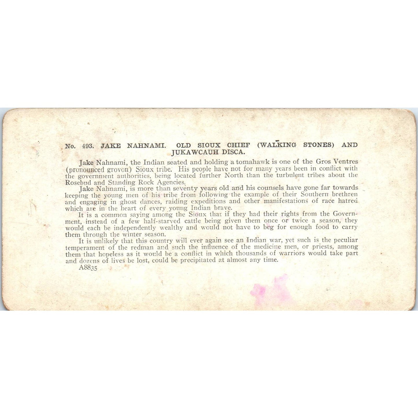 Jake Nahnami Sioux Chief Walking Stones Disca - Antique Stereoview Card TJ1-C1