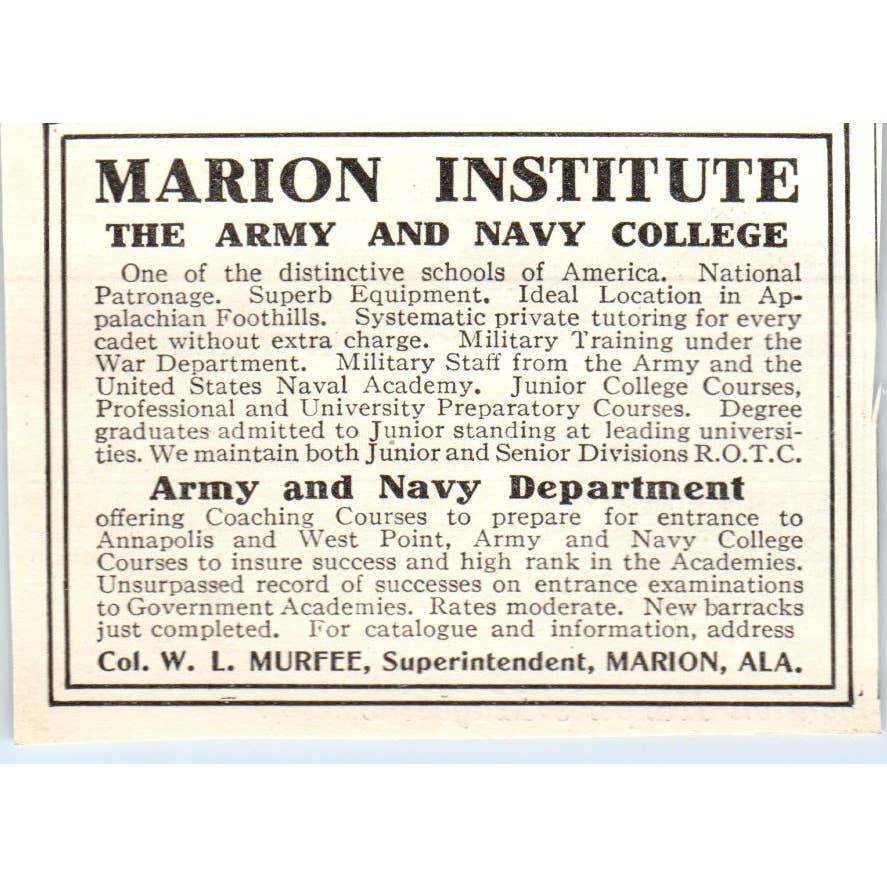c1920 Harper's Ad -Marion Institute Army and Navy College Col W.L. Murfee AL EA3