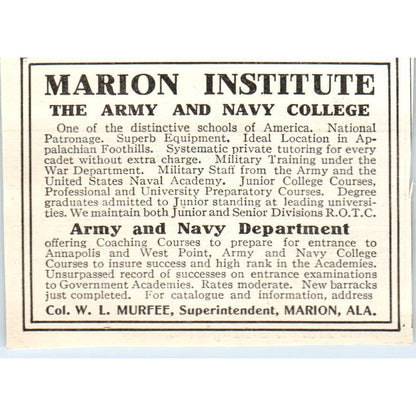 c1920 Harper's Ad -Marion Institute Army and Navy College Col W.L. Murfee AL EA3