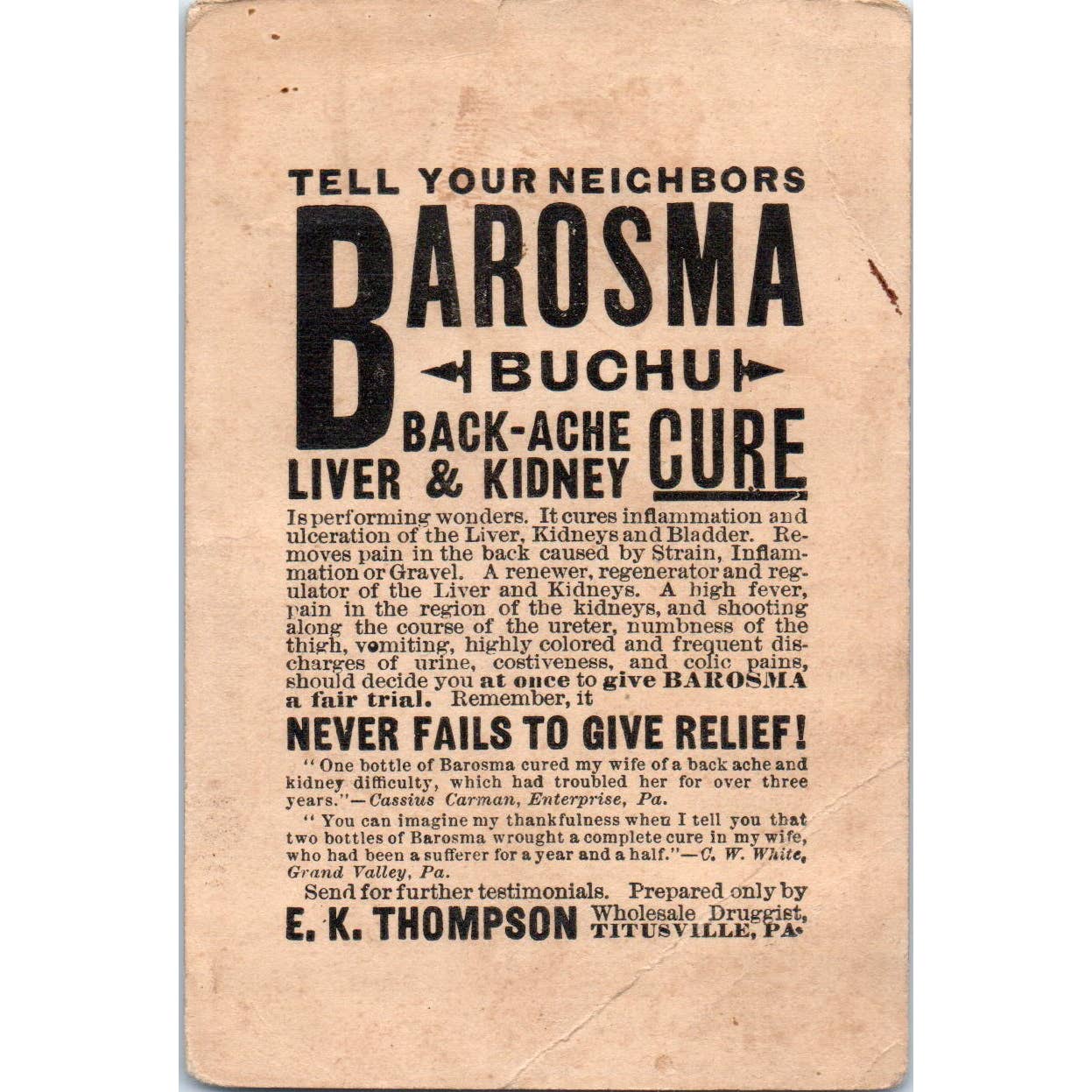 1880s Victorian Trade Card Barosma Buchu Liver and Kidney Cure Quackery EA3