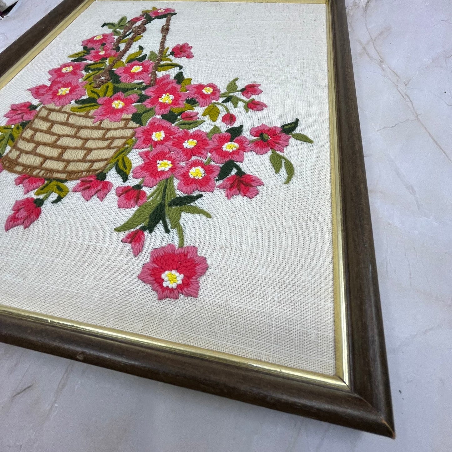1970s Embroidery Crewel Wall Art Basket Of Pink Flowers Peonies 14.5x11.75"