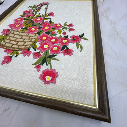 1970s Embroidery Crewel Wall Art Basket Of Pink Flowers Peonies 14.5x11.75"