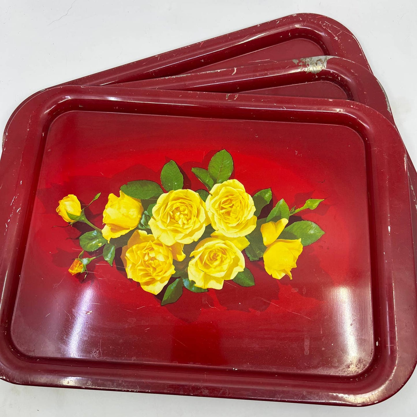 Vintage Toleware Red Metal Tray Yellow Rose Flowers 11x14" Set Of 3 TI4