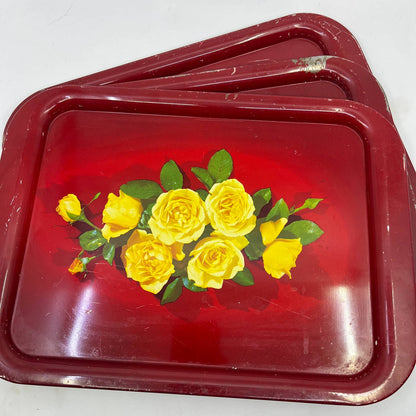 Vintage Toleware Red Metal Tray Yellow Rose Flowers 11x14" Set Of 3 TI4