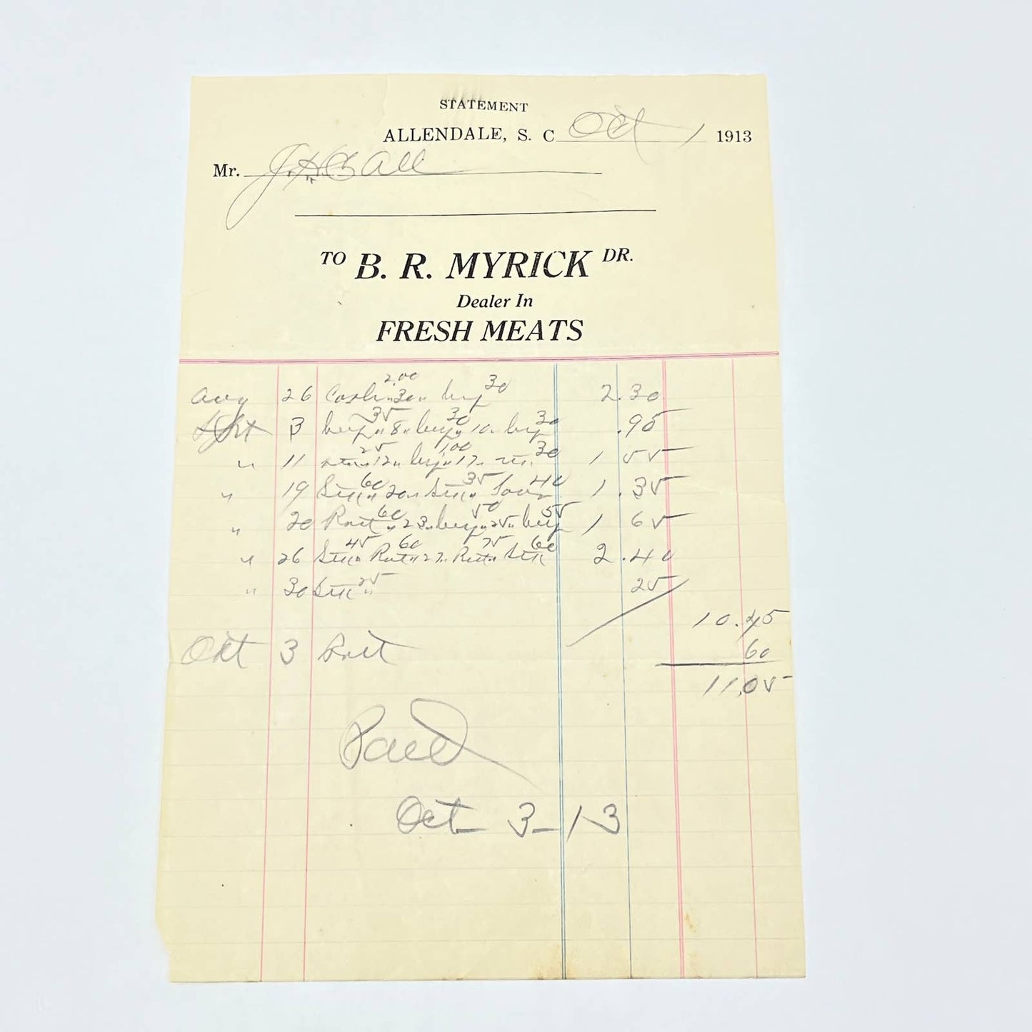 1913 B.R. Myrick Dr. Dealer in Fresh Meats Letterhead Allendale SC AB9