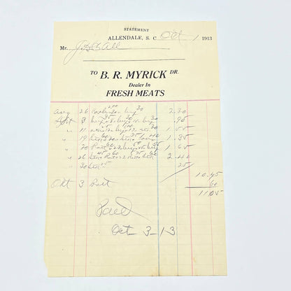 1913 B.R. Myrick Dr. Dealer in Fresh Meats Letterhead Allendale SC AB9