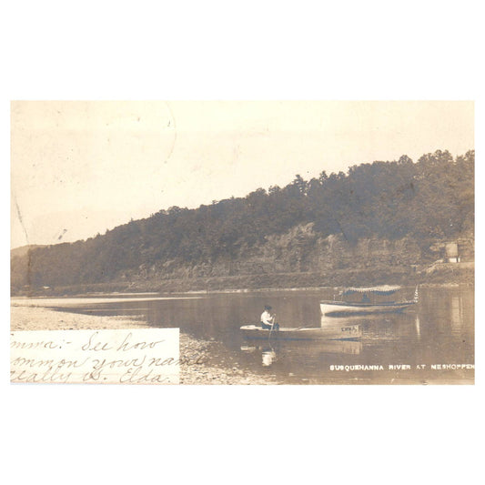 Boating on Susquehanna River at Meshoppen 1906 - Original Postcard RPPC TJ8-4