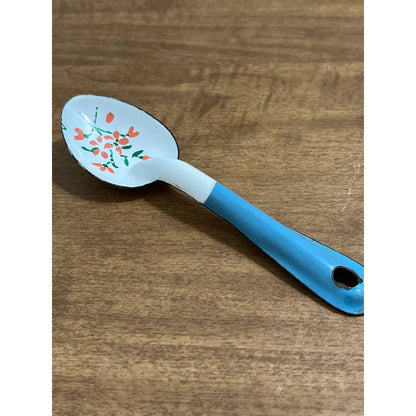 Vintage Enamel Spoon Blue and White Hand Painted Flowers 6” SD5