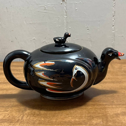 1950s Vintage Red Clay Pottery Black Duck Teapot Redware Japan 8 x 4” TG5