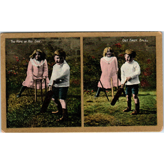Victorian Children Playing Cricket Souvenir c1905 Original Postcard TK1-23