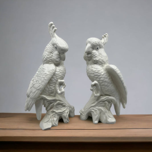 Set of 2 MCM Large White Porcelain Cockatoo Statue Blanch De Chine Style 11” TK1