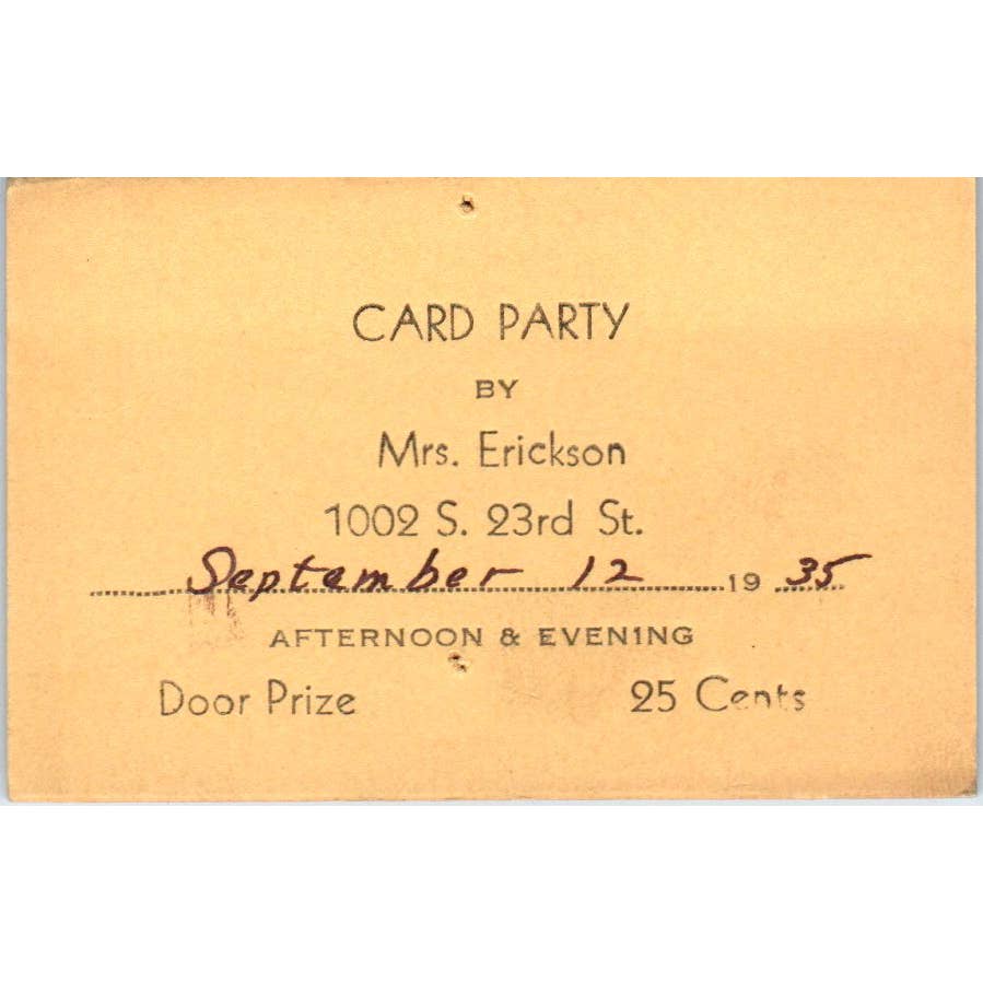 1935 Card Party Invitation Mrs. Erickson S. 23rd St. St Milwaukee WI SE5