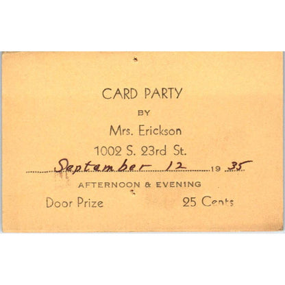 1935 Card Party Invitation Mrs. Erickson S. 23rd St. St Milwaukee WI SE5