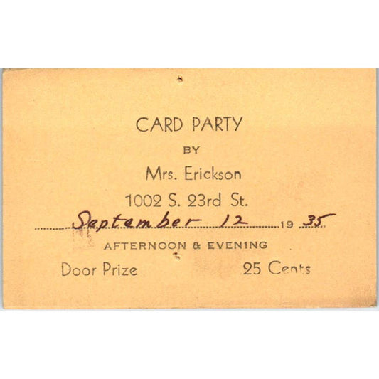 1935 Card Party Invitation Mrs. Erickson S. 23rd St. St Milwaukee WI SE5