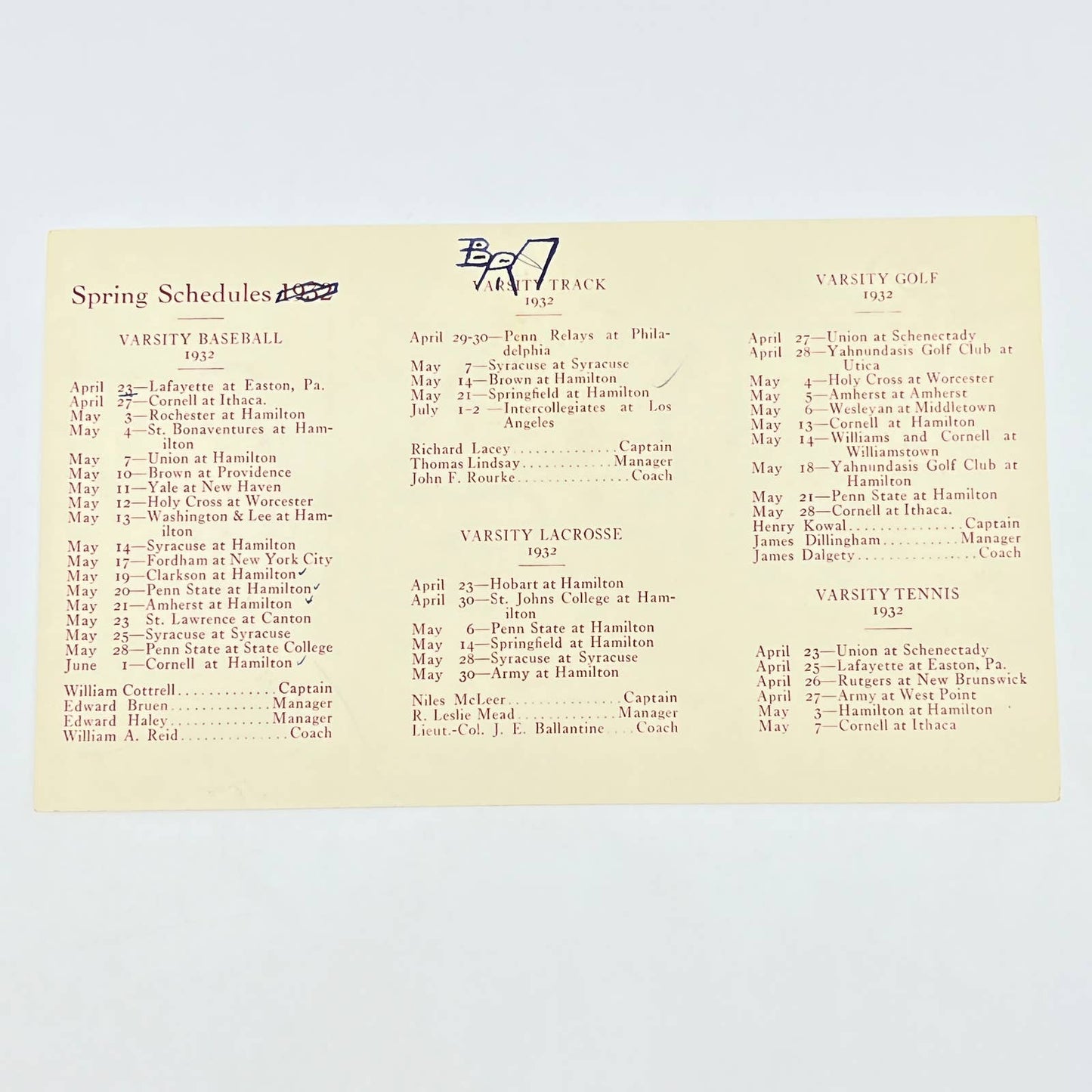 1932 Colgate University Spring Sports Schedule Card Hamilton New York AB8