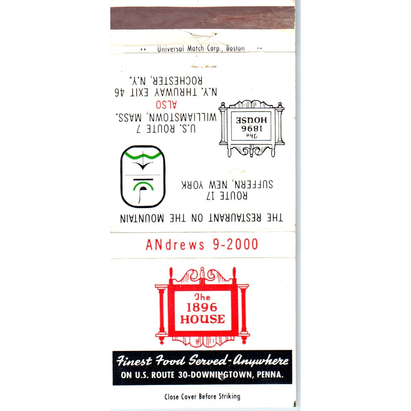 The 1896 House Williamstown MA Advertising Matchbook Cover MM9-7