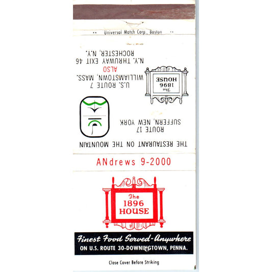 The 1896 House Williamstown MA Advertising Matchbook Cover MM9-7