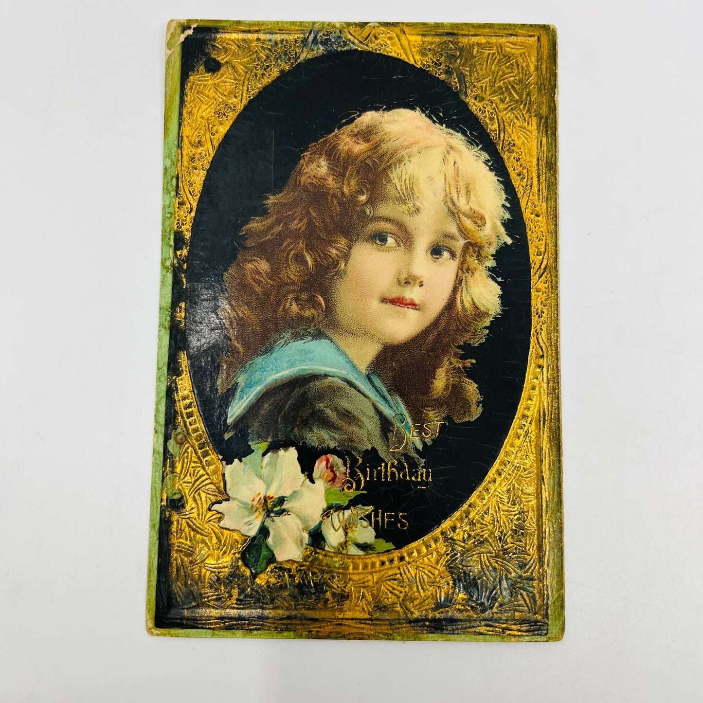 1910s Birthday Post Card Embossed Dresden Victorian Girl Cameo PA5