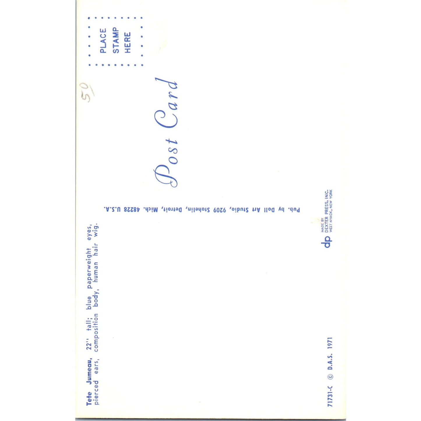 Tete Jumeau Composition Body Doll Art Studio 1971 Original Postcard PB6