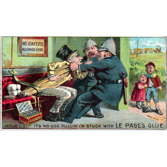 1880s Victorian Trade Card LePages Liquid Glue Policemen Vagrant Train SF2