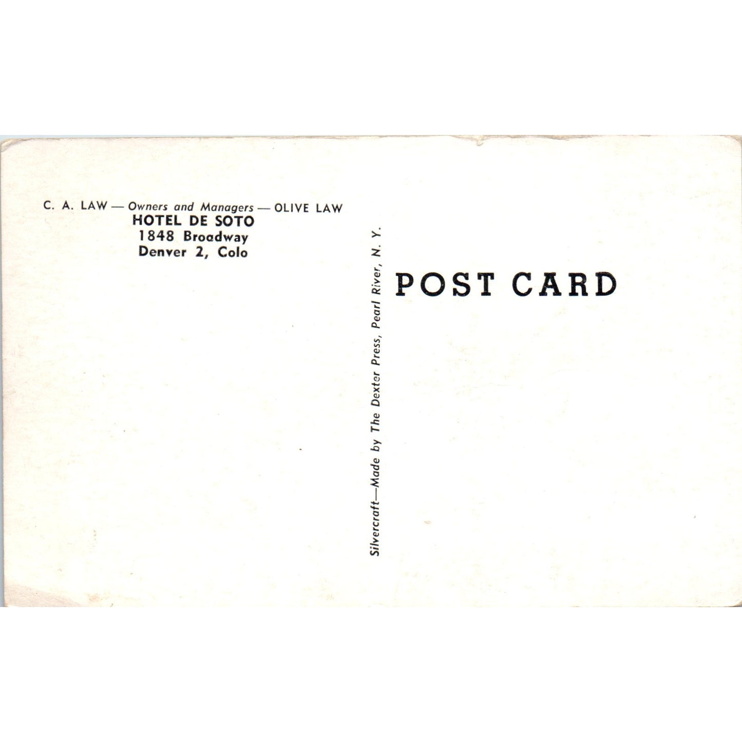 Hotel De Soto Reed's Texaco Denver Colorado Original Postcard P1-11