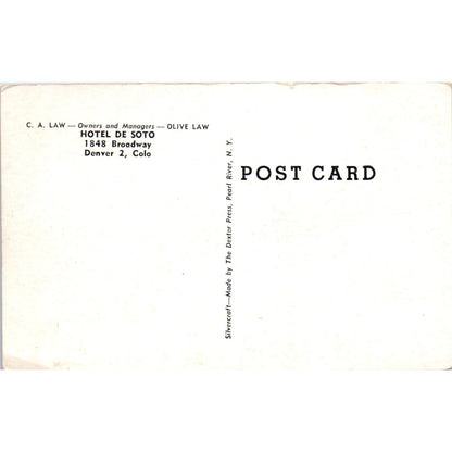 Hotel De Soto Reed's Texaco Denver Colorado Original Postcard P1-11