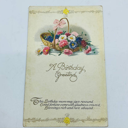 1910s Birthday Post Card WINSCH Back Art Nouveau Embossed Basket of Flowers PA5