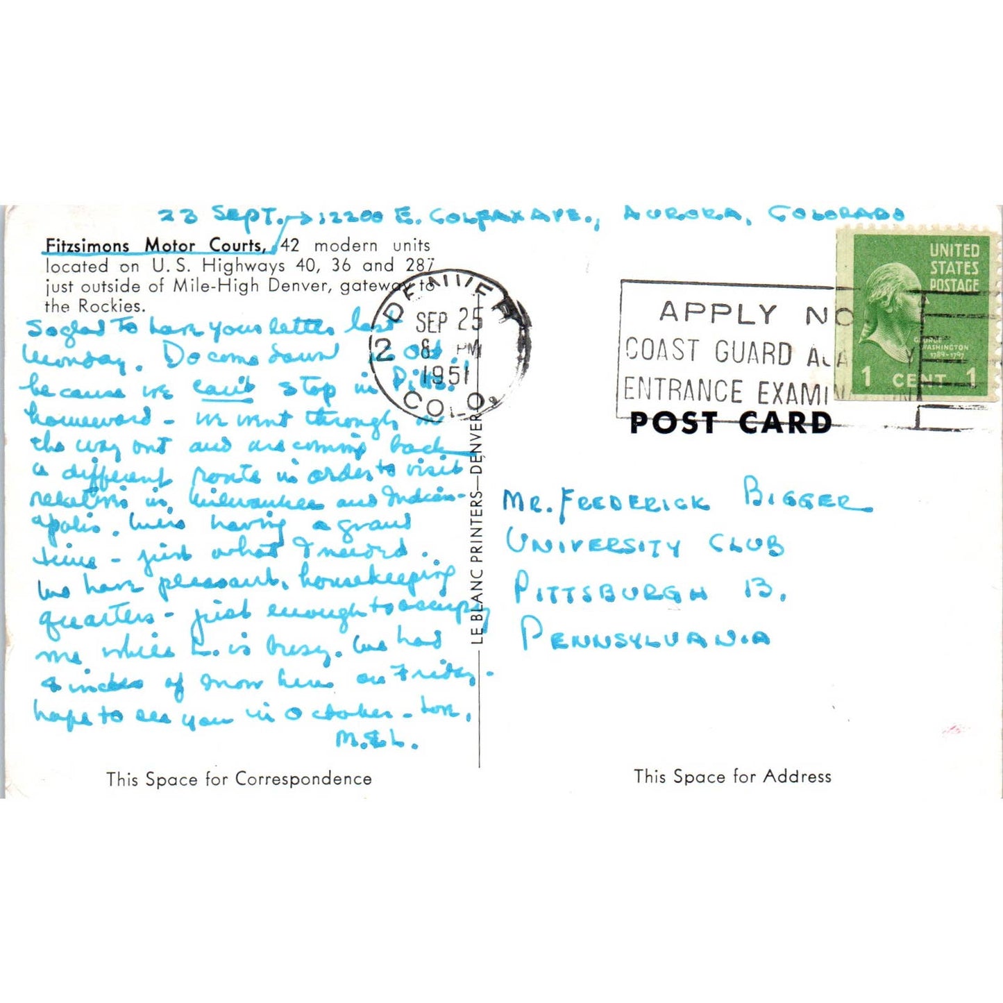 1951 Fitzsimmons Motor Court Denver Colorado Original Postcard TK1-29
