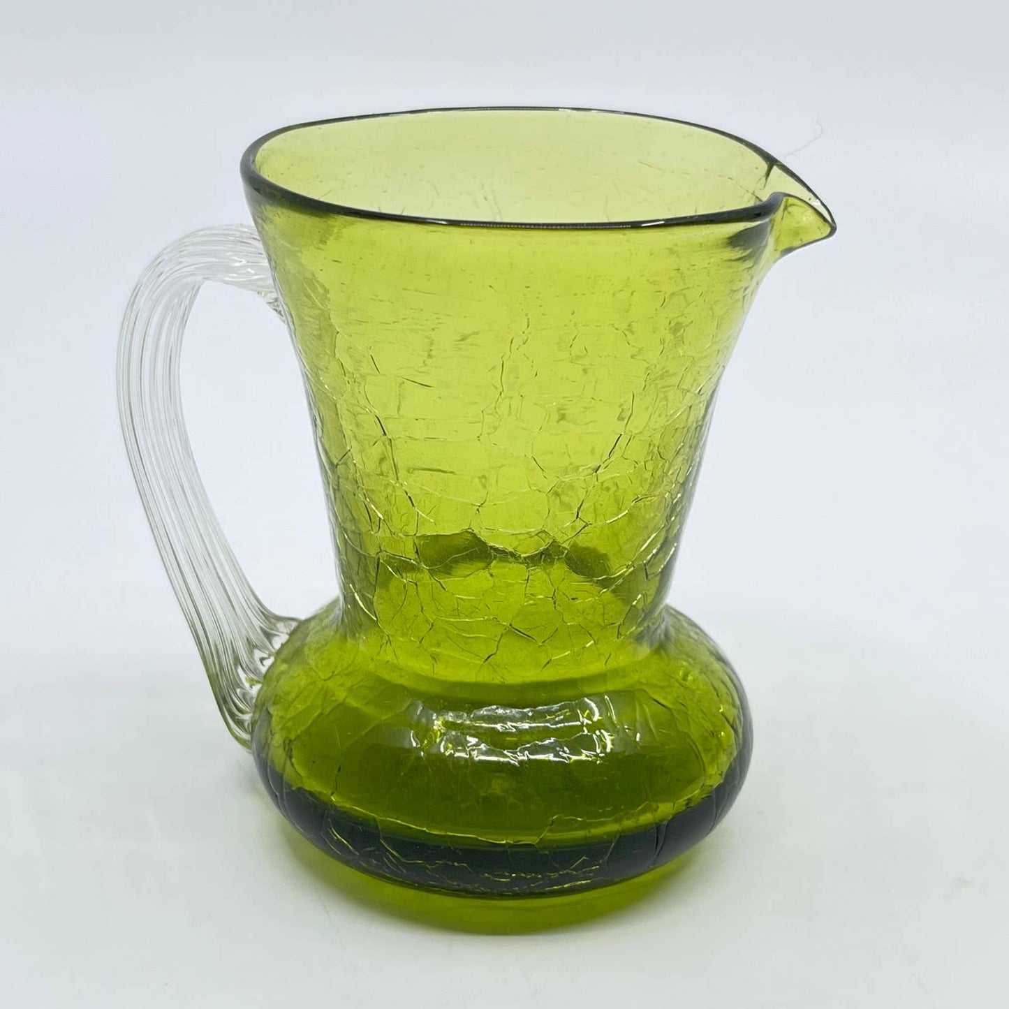 Vintage Pilgrim Crackle Glass Pitcher Avocado Green 5" Hand Blown TE5