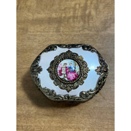 Vtg Art Nouveau Saccharine Victorian Trinket Box White Enamel Brass Japan 3” TG8