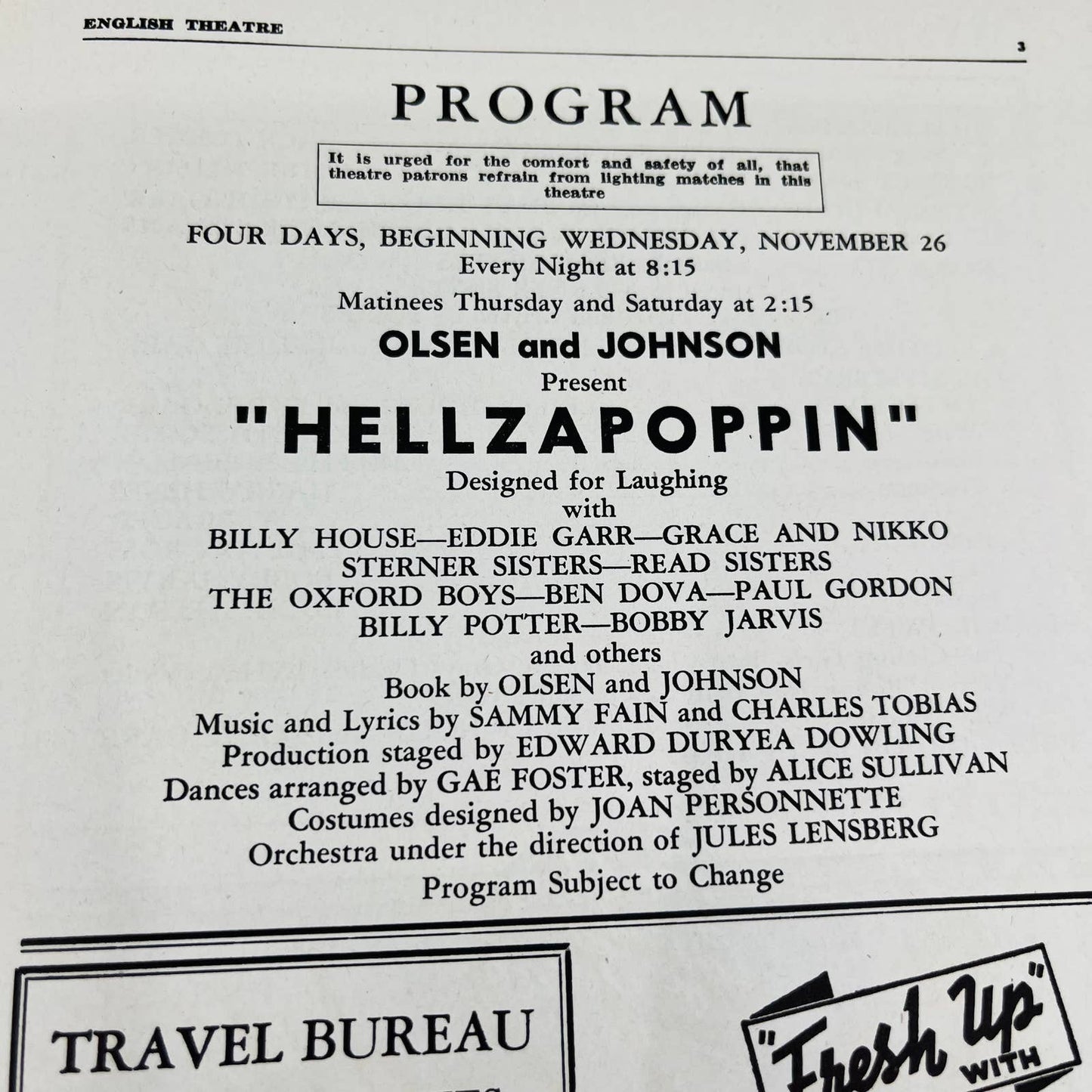 1941 English Theatre Playbill HELLZAPOPPIN Evansville Indianapolis IN C5