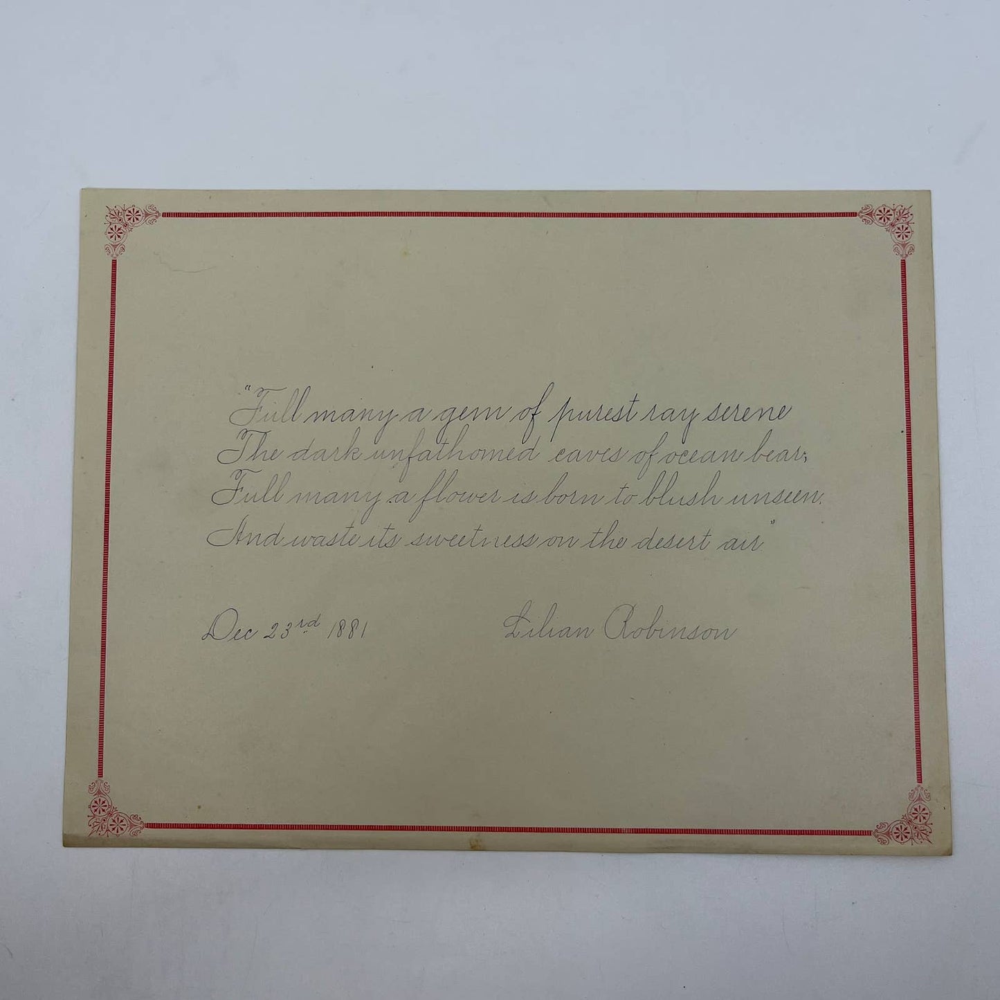 1881 Handwritten Poem by Lilian Robinson AA6