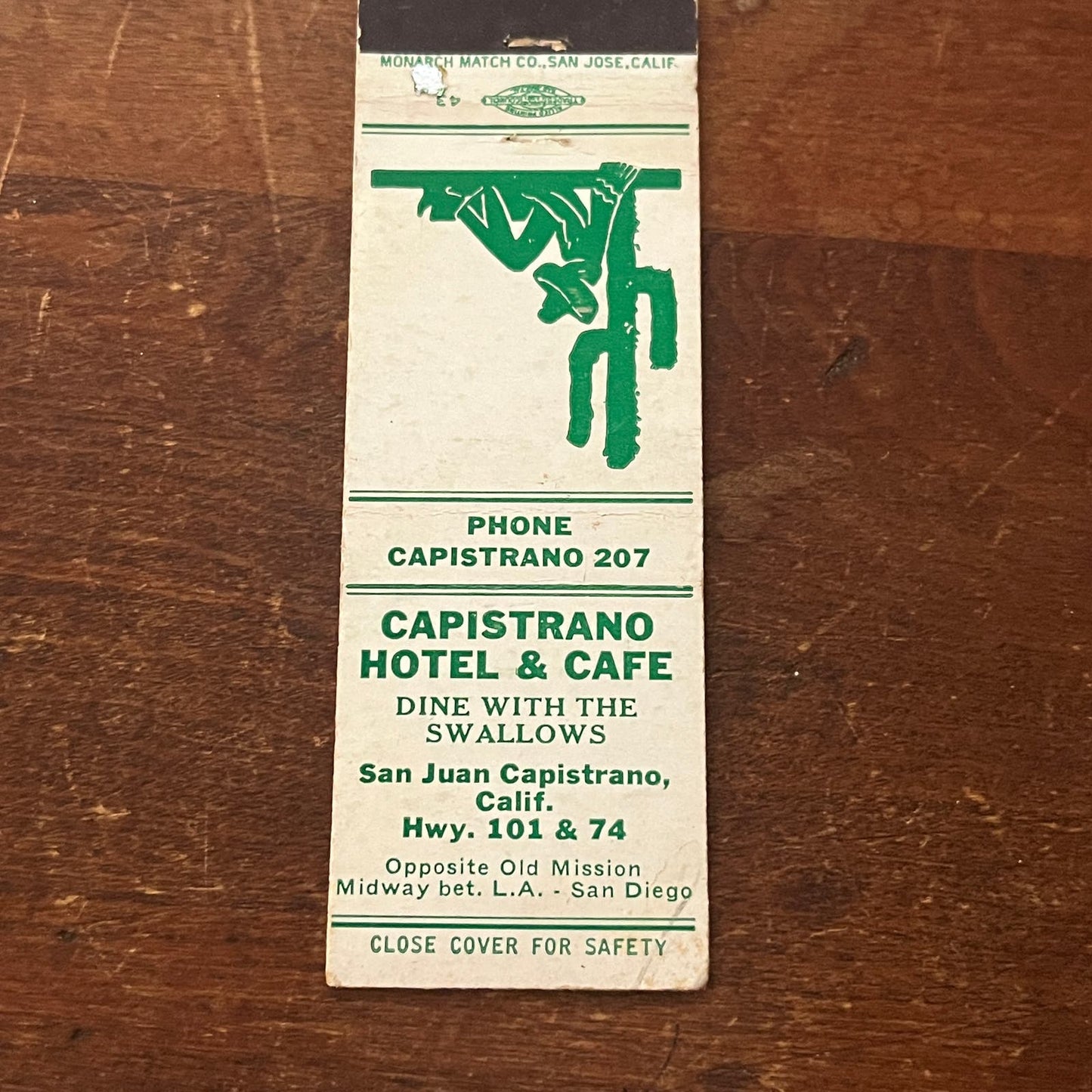 Capistrano Hotel & Cafe San Juan Capistrano Advertising Matchbook Cover SA9-M11