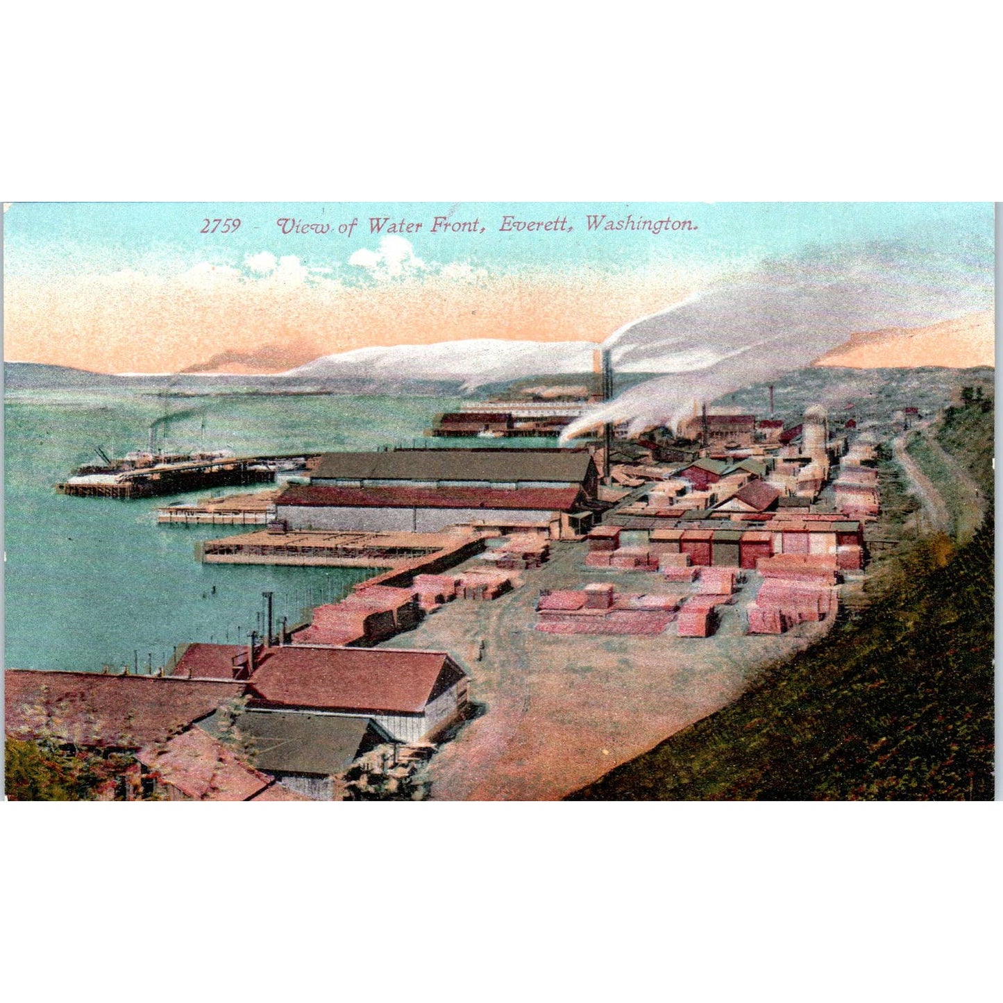 Antique Postcard View of Waterfront Everett Washington TD9