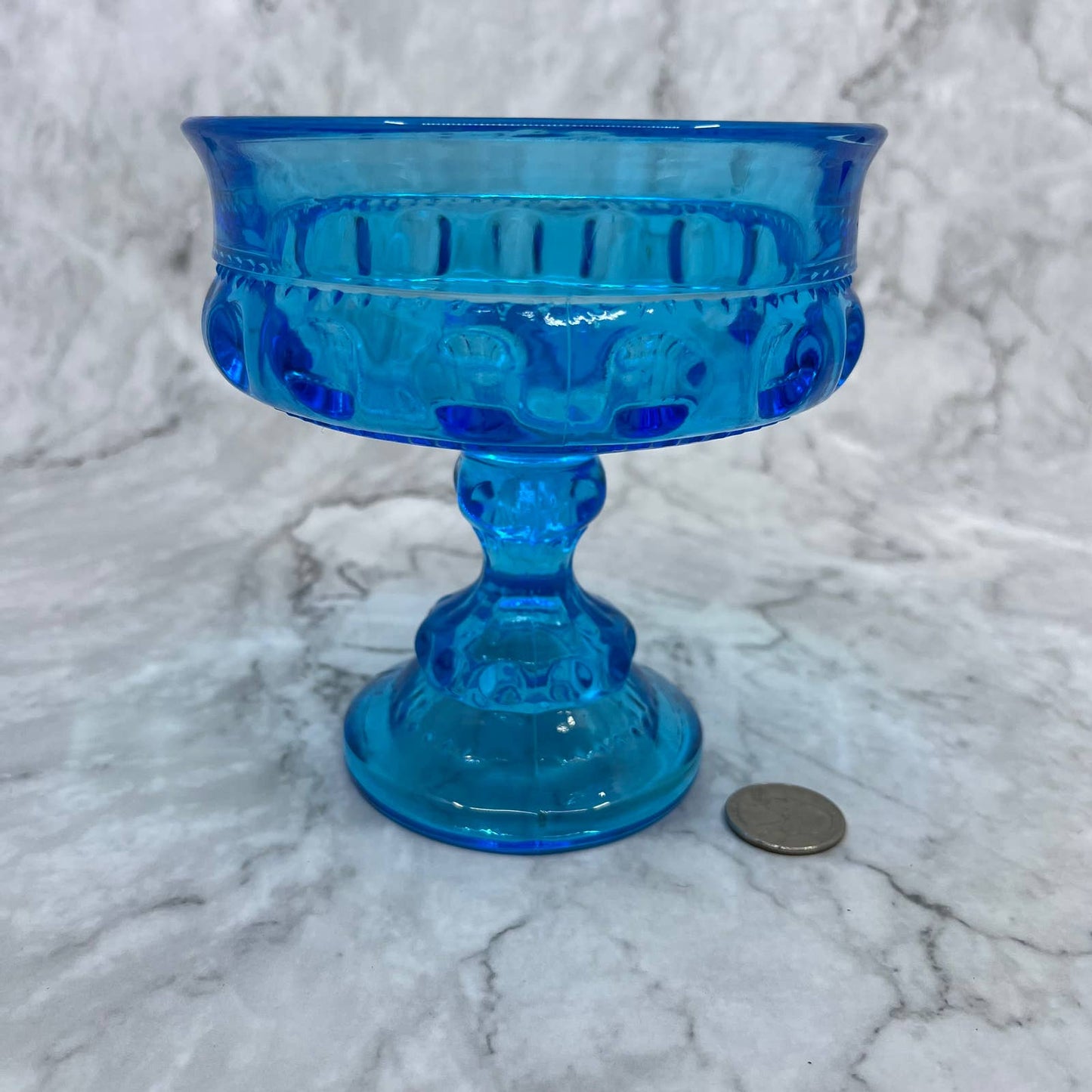 Vtg Indiana Glass King's Crown Imperial Blue Candy Dish Compote Thumbprint TA9