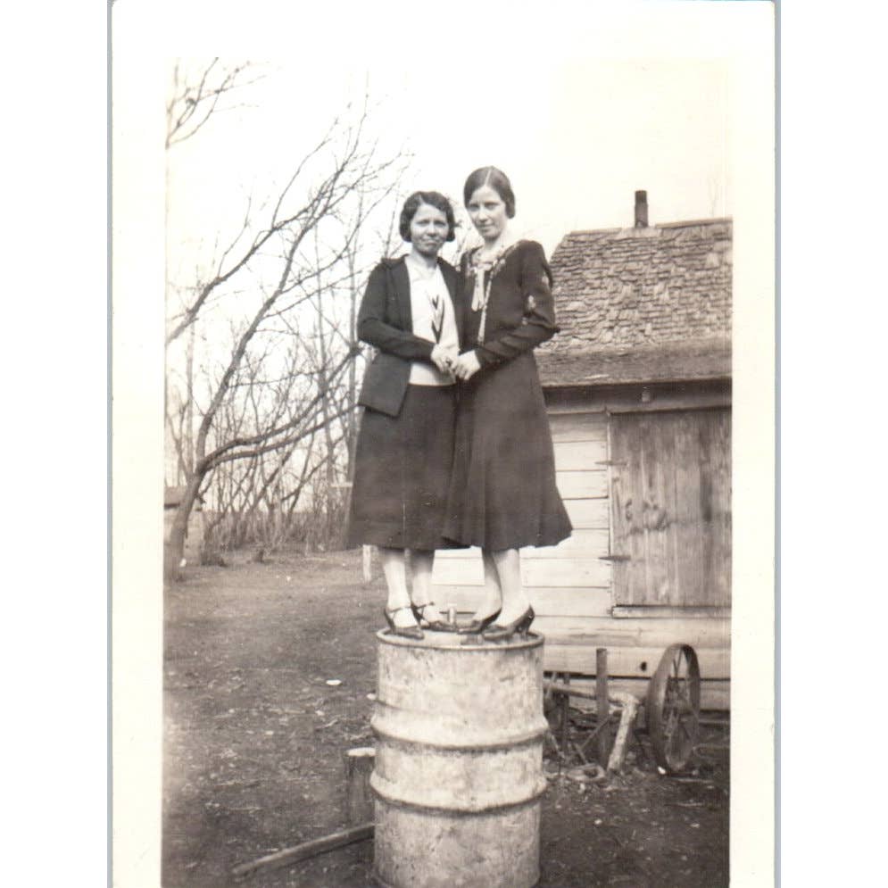 Antique 2x3 Photograph 2 Young Ladies Standing on Top of an Oil Drum EA3