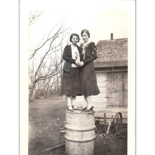 Antique 2x3 Photograph 2 Young Ladies Standing on Top of an Oil Drum EA3