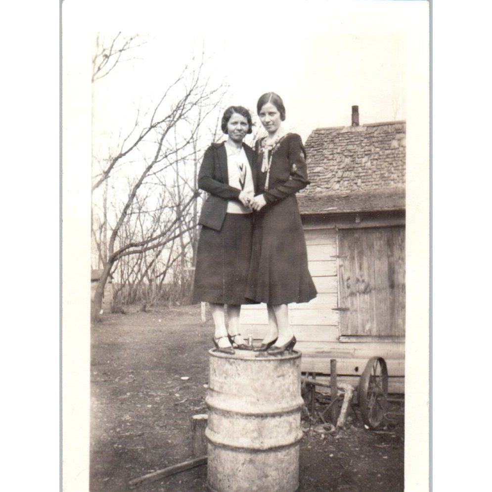 Antique 2x3 Photograph 2 Young Ladies Standing on Top of an Oil Drum PX2